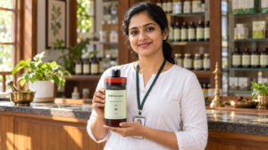 Kerala Ayurvedic Doctor Holding Nellikkarishtam